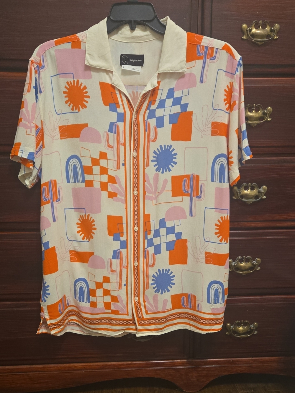 Original Use Cream  Button-Down Shirt with Orange, Blue & Pink Graphic Print